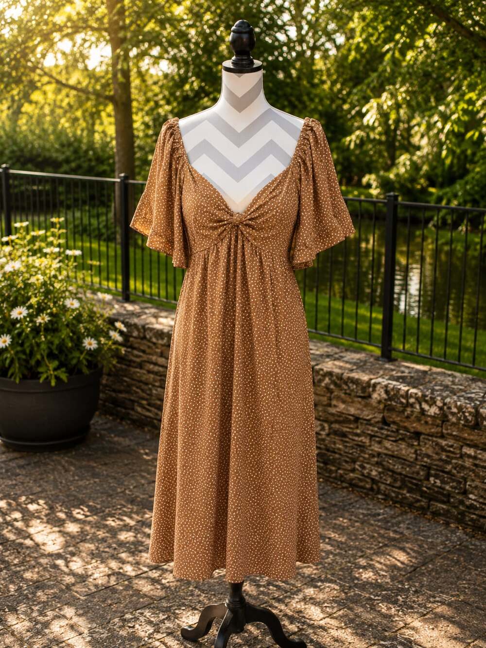 Abercrombie & Fitch Brown Polka Dot Twist Front Angel Sleeve Midi Dress